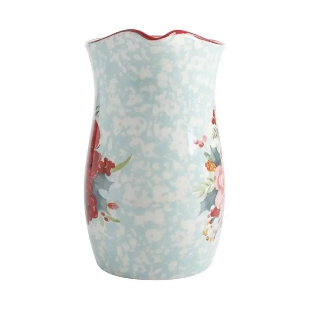 Pioneer Woman Holiday Pitcher Teal Splatter Floral Design 2.54 Quart Ceramic
